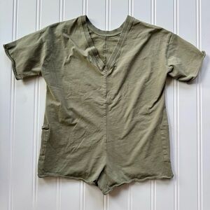 Olive Green V-Neck Romper | Minimalist Utility Playsuit | Soft Cozy Fit